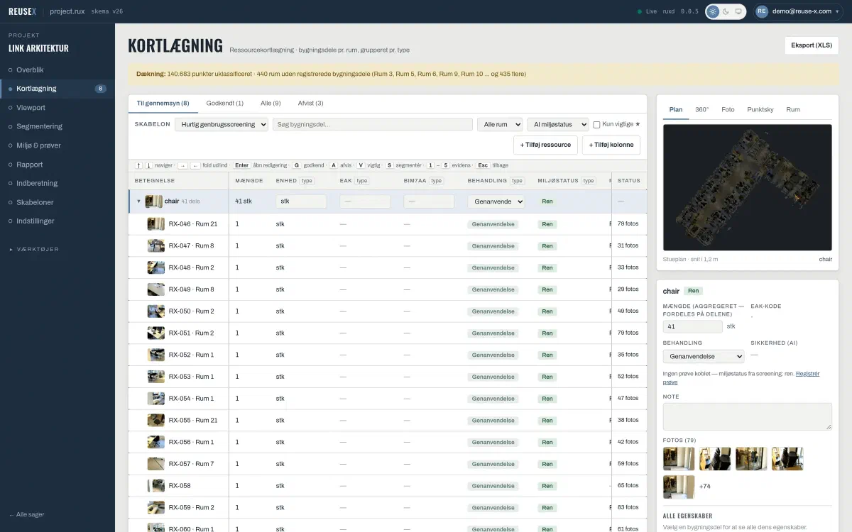 The ReUseX resource mapping view: building components grouped by type with quantity, treatment, environmental status and photo evidence, beside a floor-plan preview