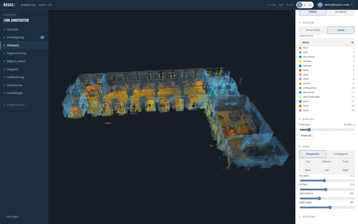 The ReUseX 3D viewport: the labelled point cloud of an office floor, with layers, colour modes and the label legend in the side panel