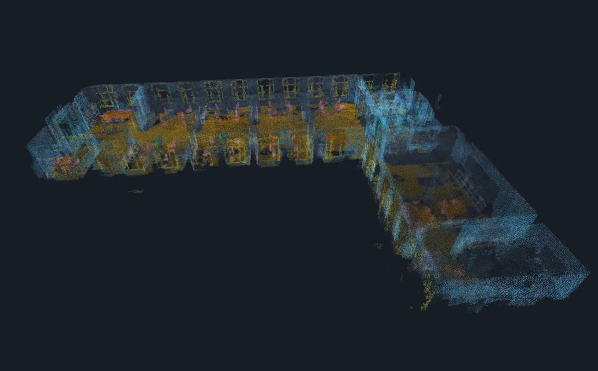 The same point cloud with every point coloured by component class: walls, floor, windows, doors, furniture
